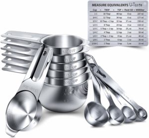 Measuring Cups, U-Taste Measuring Cups and Spoons Set of 15 in 18/8 Stainless Steel : 7 Measuring Cups and 7 Measuring Spoons with 2 D-Rings and 1 Professional Magnetic Measurement Conversion Chart