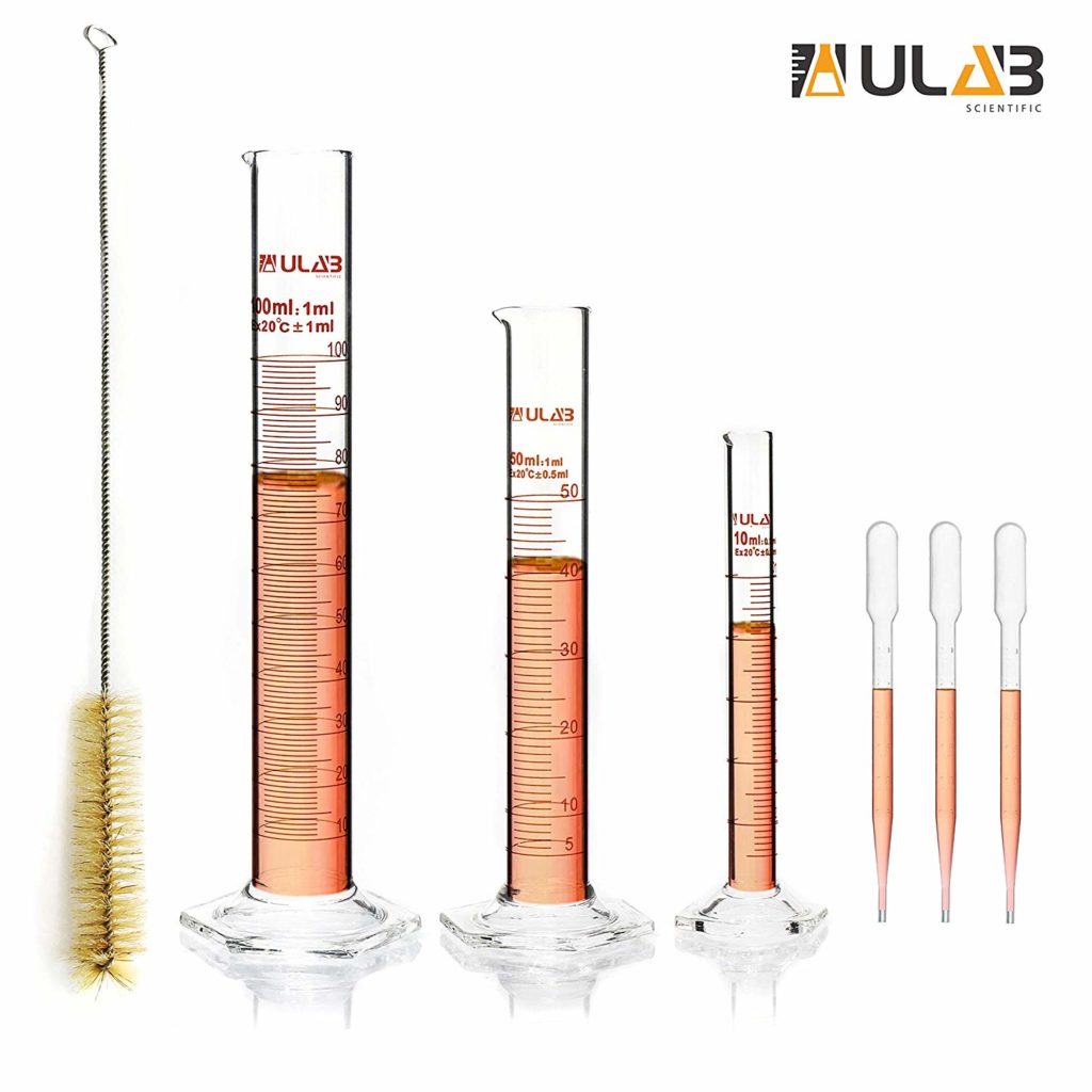 ULAB Scientific Thick Glass Graduated Measuring Cylinder Set, 3 Sizes 10ml 50ml 100ml, 3.3 Boro Hexagonal Base, 1 Cleaning Brush Offered, UMC1001