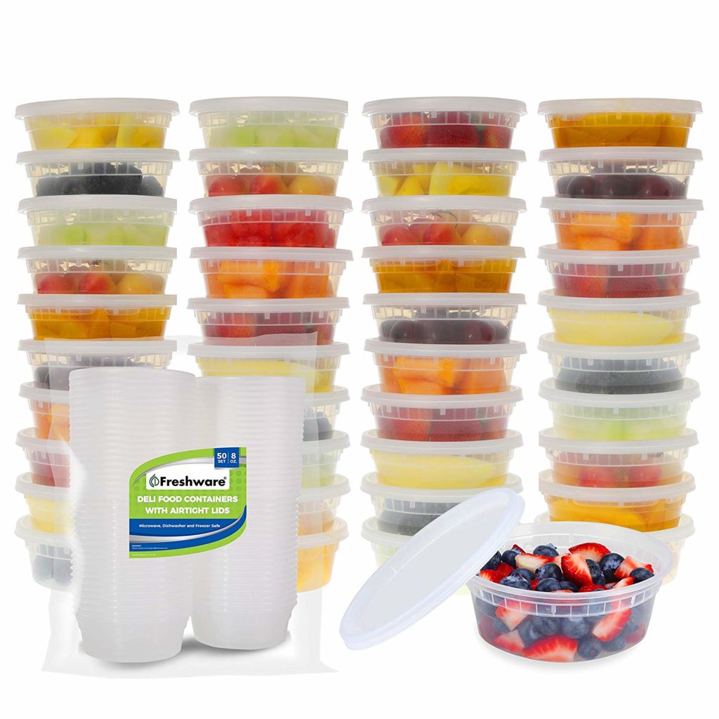 Freshware Food Storage Containers [50 Pack] 8 oz Plastic Containers with Lids, Deli, Slime, Soup, Meal Prep Containers | BPA Free | Stackable | Leakproof | Microwave/Dishwasher/Freezer Safe