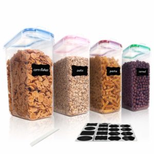 Vtopmart Cereal Storage Container Set, BPA Free Plastic Airtight Food Storage Containers 135.2oz for Cereal, Snacks and Sugar, 4 Piece Set Cereal Dispensers with 24 Chalkboard Labels