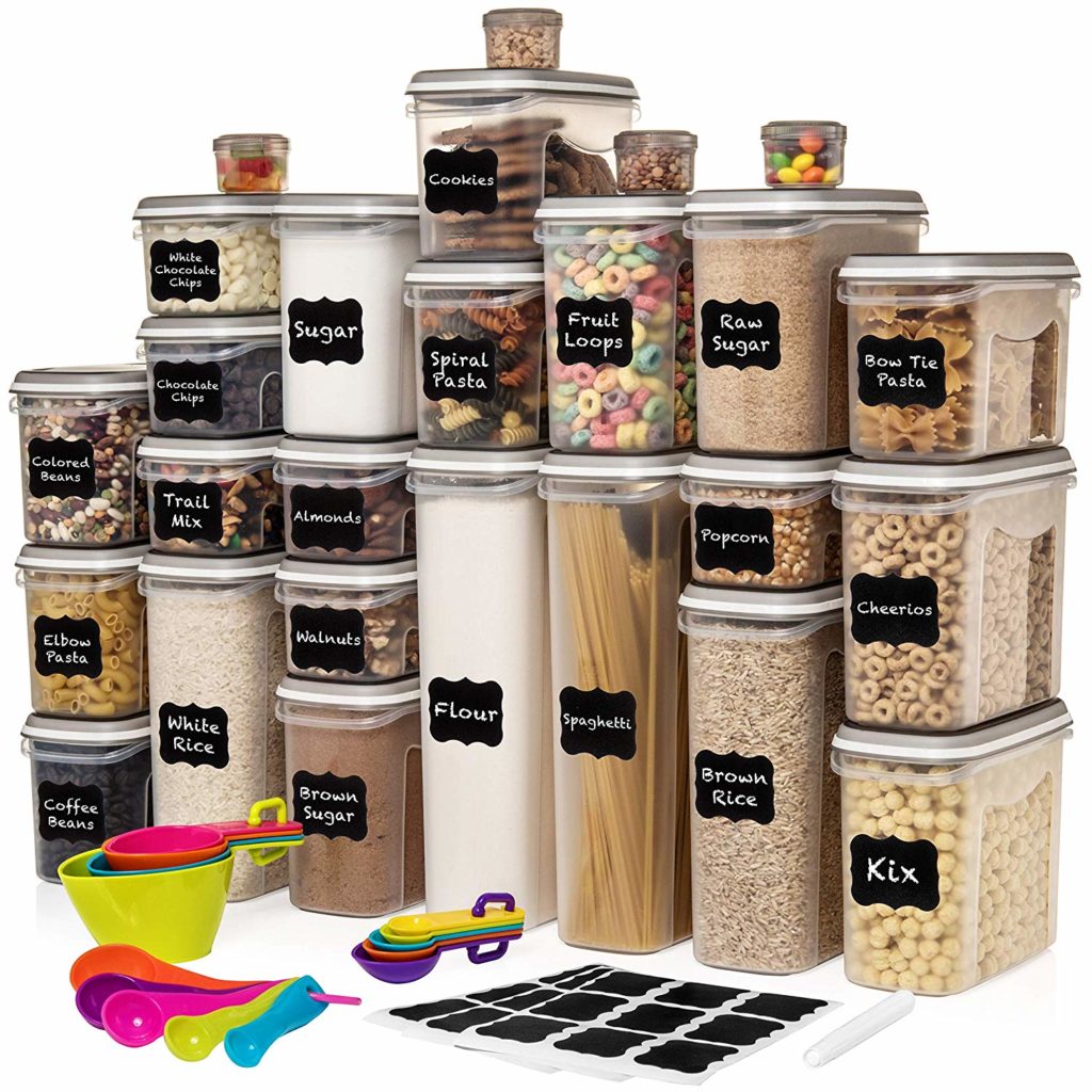 LARGEST Set of 52 Pc Food Storage Containers (26 Container Set) Shazo Airtight Dry Food Space Saver w Interchangeable Lid, 14 Measuring Cups + Spoons, Labels + Marker - One Lid Fits All - Reusable