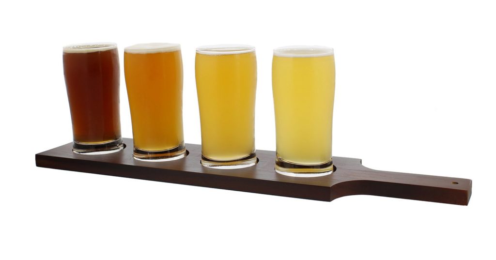 Beer Flight Set with (1) Wooden Flight Paddle and (4) 5oz Ounce Glasses – Sampler Kit for Beer Tasting