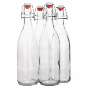 Flip Top Glass Bottle [1 Liter / 33 fl. oz.] [Pack of 4] – Swing Top Brewing Bottle with Stopper for Beverages, Oil, Vinegar, Kombucha, Beer, Water, Soda, Kefir – Airtight Lid & Leak Proof Cap – Clear