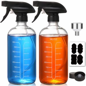 16oz Clear Glass Spray Bottles with Measurements - Empty Reusable Refillable Container with Funnel and Labels for Mixing Essential Oils, Homemade Cleaning Products (2 Pack)