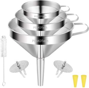 Funnels (6 in 1),PEMOTech Large Stainless Steel Funnel Set 3 Pack (4.1Inch/ 5.0 Inch/ 5.7 Inch) with 2 Pack Removable Strainer for Transferring Liquid, Fluid and Dry Ingredients,Bonus A Cleaning Brush