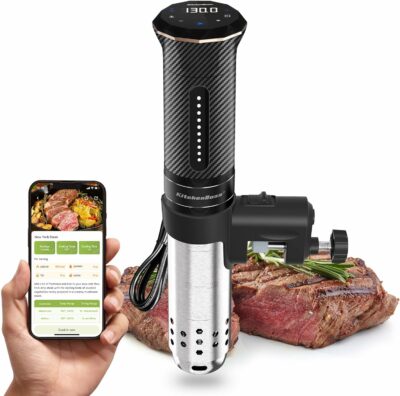 KitchenBoss Wifi Sous Vide Machine: Ultra-quiet Precision Sous-vide Cooker Immersion Circulator APP Control, IPX7 Waterproof Stainless Steel 1100W Professional Low Temperature Cooking Machines, Black