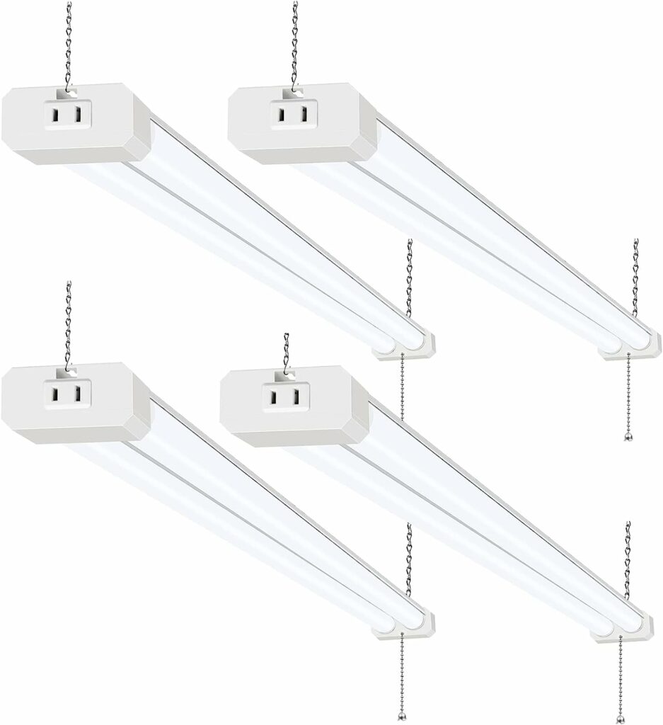 hykolity 4 Pack 4FT LED Shop Light, Linkable Utility Shop Lights, 42W, 5000K Daylight White Shop Light for Garages, Workshops,Hanging or FlushMount, Power Cord with Pull Chain Switch, ETL
