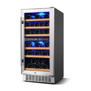 Wine Cooler Dual Zone, Aobosi 15 inch 30 Bottle Wine refrigerator Built-in or Freestanding with Fashion Look, Quick and Silent Cooling System, Double-Layer Tempered Glass Door, Front Ventilation