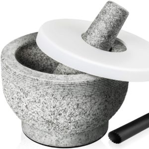 Tera Mortar and Pestle Set 2 Cup-Capacity, Include Silicone Lid, Silicone Garlic Peeler, Stick-on Rubber Pads for Base, Unpolished Granite Mortar and Pestle Spice Grinder, 5.5 Inch