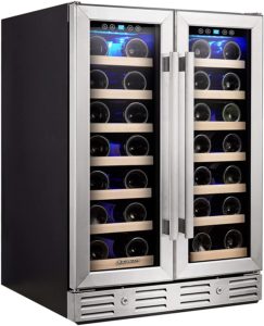Kalamera Wine Cooler - Fit Perfectly into 24 inch Space Under Counter or Freestanding - Dual Zone - For Kitchen or Bar with Blue Interior Light and Temperature Memory Function