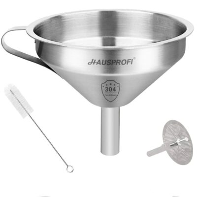 HAUSPROFI Stainless Steel Funnel, 4.3 inches 304 Stainless Steel Kitchen Funnel with Removal Stainless Steel Strainer Food Filter Strainer for Transferring Liquids, Oil, Powder, 3D Printing Liquid