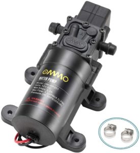 OMMO 12V DC Fresh Water Pump, Diaphragm Pump with 2 Hose Clamps, 60W Self Priming Sprayer Pump with Pressure Switch 4.5 L/Min 1.2 GPM 85 PSI for Caravan, RV, Boat, Marine