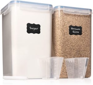 XXL 7 qt / 6.5 L Food Storage Airtight Pantry Containers [Set of 2] WIDE & DEEP + FREE 2 Measuring Cup + 18 Labels & Marker Ideal for Sugar, Flour - Clear Plastic - Leakproof - BPA Free