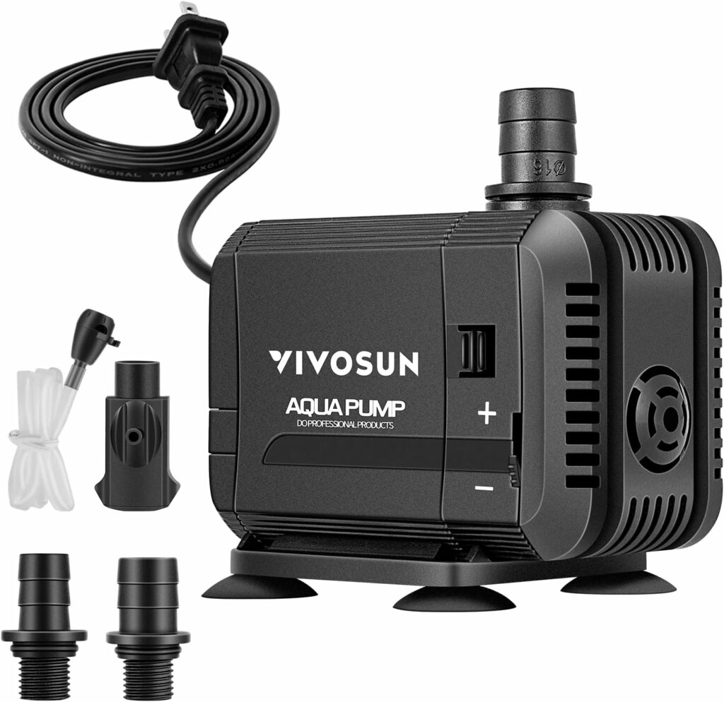 VIVOSUN 400GPH Submersible Pump(1500L/H, 15W), Ultra Quiet Water Pump with 5.2ft High Lift, Fountain Pump with 5ft Power Cord, 3 Nozzles for Fish Tank, Pond, Aquarium, Statuary, Hydroponics