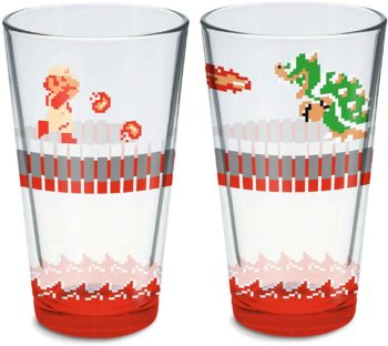 Super Mario Bros Dungeon Fire Mario and Bowser Pint Glass 16 oz - 2 Pack Set