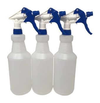 CSBD 32oz Plastic Spray Bottles, Empty and Reusable for Cleaning Solutions, Water, Auto Detailing, or Bathroom and Kitchen, Commercial and Residential, 3 Pack (White/Blue)