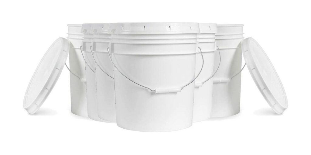 5 Gallon White Plastic Bucket & Lid - Durable 90 Mil All Purpose Pail - Food Grade - Contains No BPA Plastic - Recyclable - 6 Pack