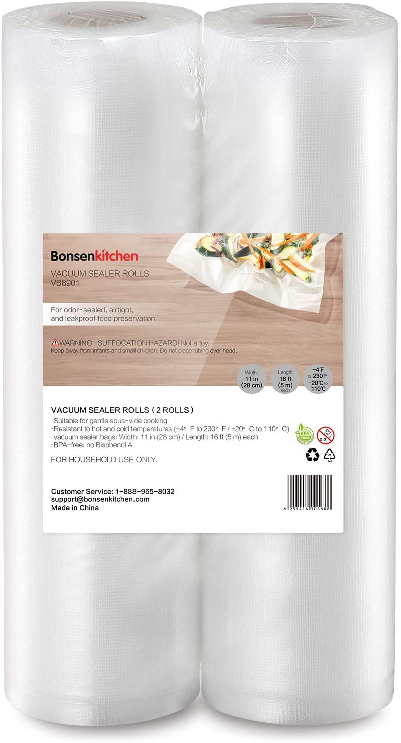 Bonsenkitchen Vacuum Sealer Rolls Bags, 2 Packs 11" x 16' Storage Bags, Heavy-Duty Commercial Customized Size Food Saver Bags for Food Storage and Sous Vide Cooking