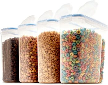 Set of 4 Large Cereal & Dry Food Storage Containers BPA-Free Plastic Container Airtight Lid Suitable for Cereal, Flour, Sugar, Coffee, Rice, Nuts, Snacks, Pet Food & More (4L, 16.9 Cup, 135.5 Ounce)