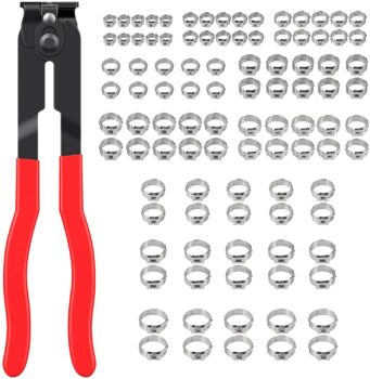 Justech 100PCs Hose Clips 5.8-21mm Range 10 Sizes Hose Clip Clamp 304 Austenitic Stainless Steel The Single Ear Stepless Hose Clamps with Clamp Plier Tool