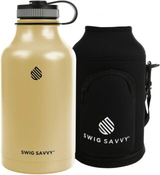 Stainless Steel Water Bottle - Vacuum Insulated & Wide Mouth Design - Reusable Sweat Proof Thermos Flask for Hot & Cold Drinks with Coffee Lid & Carrying Sleeve Pouch 64 oz (Toupe 64 oz)