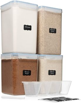Extra Extra Large 6.5L x 2 & EXTRA LARGE 5.2L x 2 - WIDE & DEEP Food Storage Airtight Containers [Set of 4] + Free 4 Measuring Cups + Labels - Ideal for Sugar, Flour Leakproof BPA Free Clear Plastic