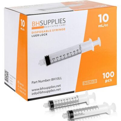 10ml Syringe Sterile with Luer Lock Tip, BH SUPPLIES - (No Needle) Individually Sealed - 100 Syringes
