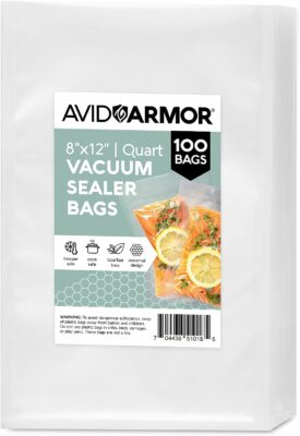Avid Armor Vacuum Sealer Bags Quart 8x12 Inch 100 Pack for Food Saver, Seal a Meal Vacuum Seal Machines, Commercial Grade Heavy Duty BPA Free for Sous Vide and Meal Prep Precut Storage Bag 