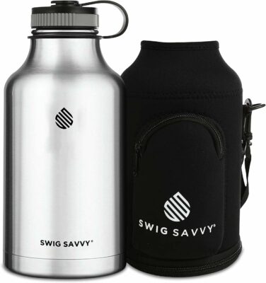 Swig Savvy Vacuum Insulated Stainless Steel Double Wall Wide Mouth Sports Water Bottle with Storage Sleeve, 64 Ounces, Silver