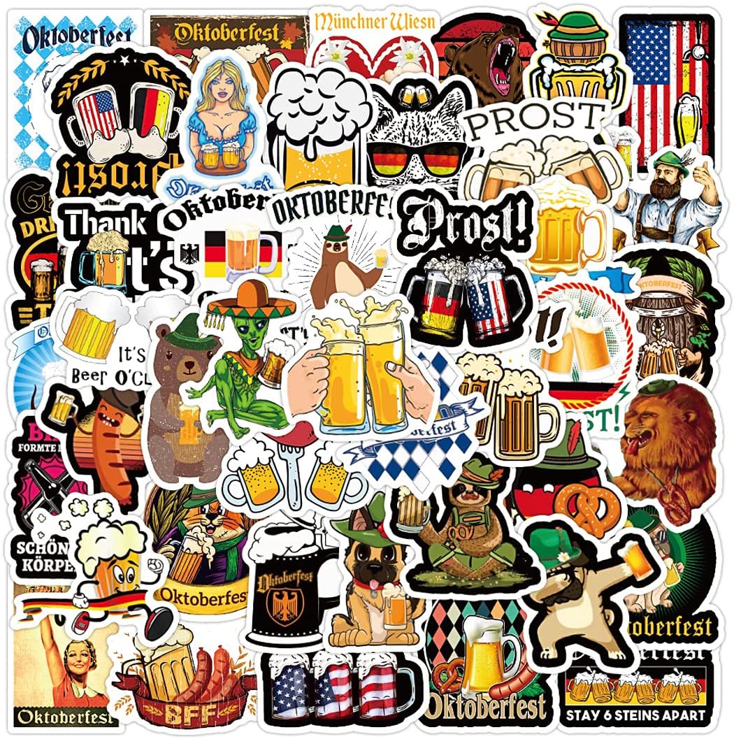 50 pcs Waterproof Funny Beer Stickers Vinyl Decals Pack for Cooler Scrapbooking Fridge Water Bottles Hydroflask Yeti Refrigerator Laptop Wall Cars Cornhole Boards Vehicles (October Beer Stickers)
