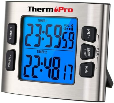 ThermoPro TM02 Digital Kitchen Timer with Dual Countdown Stop Watches Timer/Magnetic Timer Clock with Adjustable Loud Alarm and Backlight LCD Big Digits/ 24 Hour Digital Timer for Kids Teachers