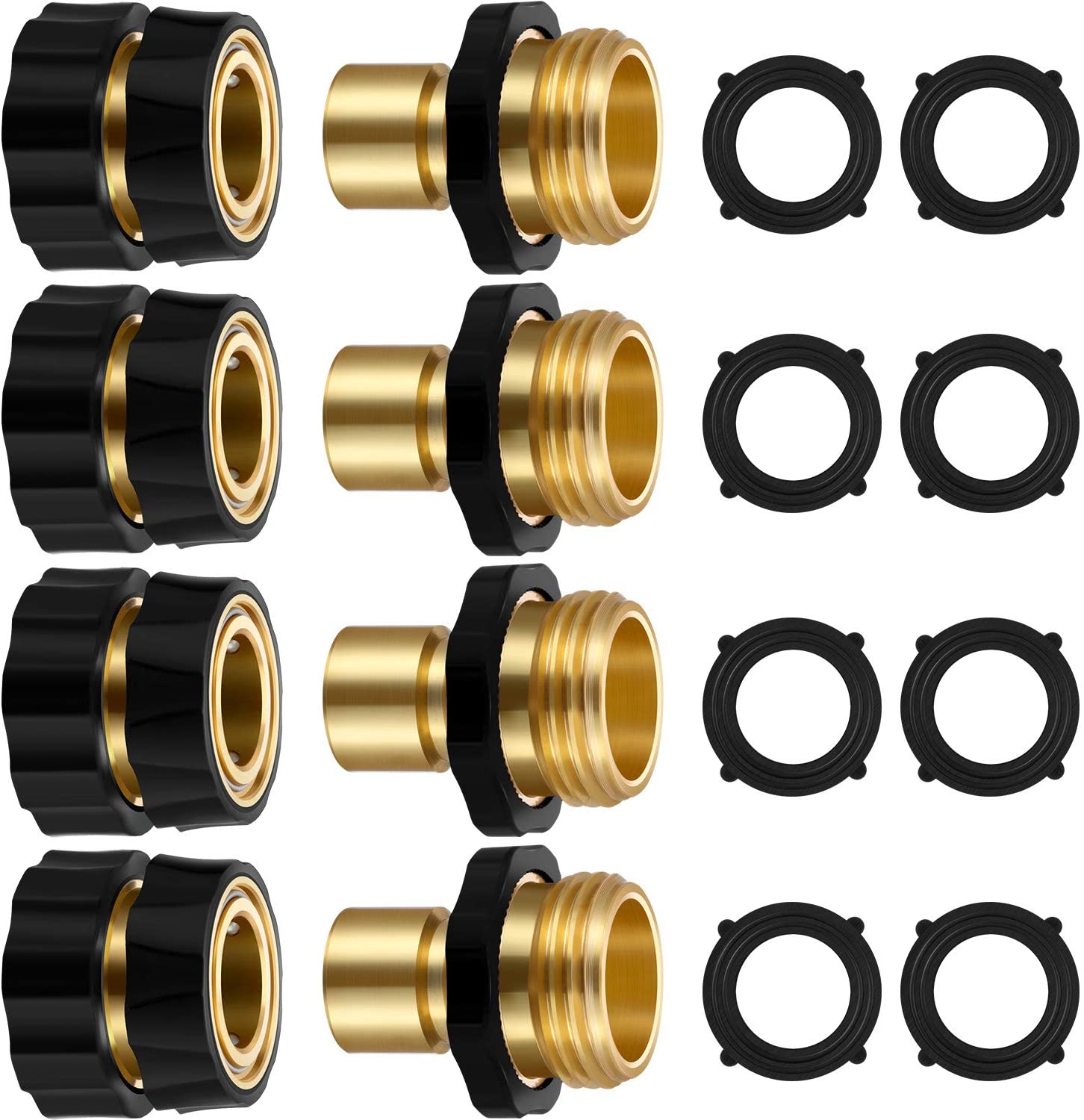 Maitys 4 Sets 3/4 Inch Garden Hose Fitting Quick Connector and 12 Pieces Faucet Rubber Gasket (4 Sets)