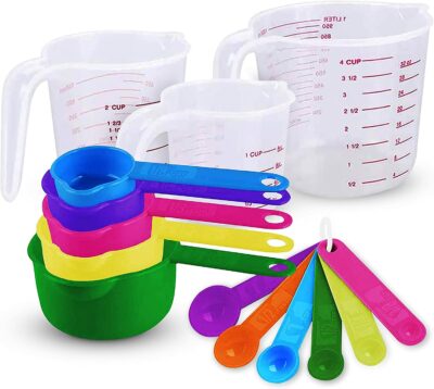 Plastic Measuring Cups and Spoons Set 14 Piece. Includes 11 Colorful Measuring Cups and Spoons Set and 3 Plastic Liquid Measuring Cups. Nesting Measuring Set for Space Saving Storage. Dishwasher-Safe