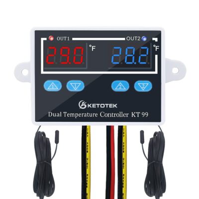 KETOTEK Digital Dual Temperature Controller 120V Fahrenheit Thermostat 10A with 2 1.5m Waterproof Probes, Heating Cooling Temperature Control Switch Refrigerator Fan Heater