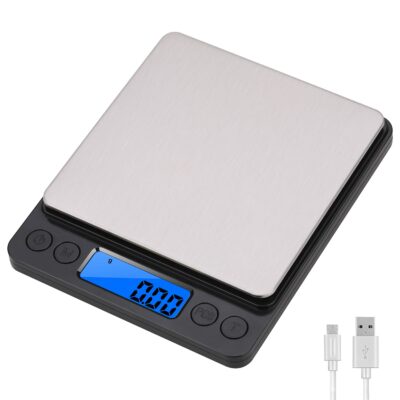 XINBAOHONG Rechargeable USB Digital Kitchen Scale 500g/ 0.01g, Pocket Jewelry Scale, Cooking Food Scale with 2 Trays, LCD, 6 Units, Tare, PCS Function (500g/0.01g)