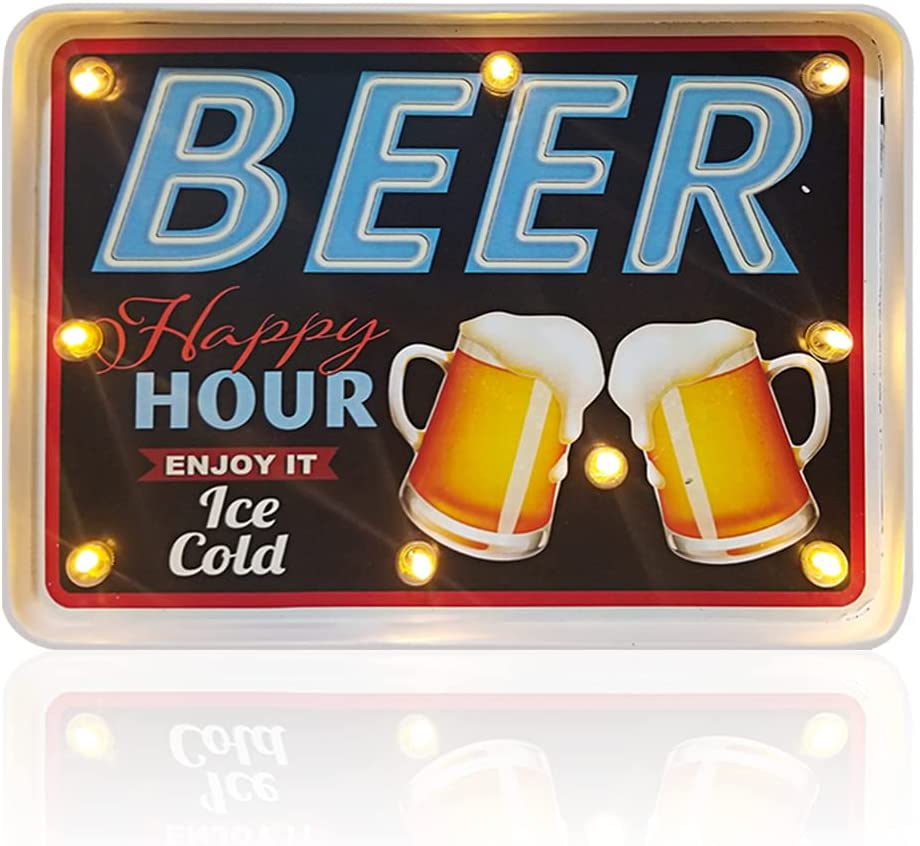 Bar Decoration, Arikit Metal Wall Decorations, Retro Tin Vintage Decor Signs, Handmade Wall Art Hanging Design Light Up Sign, for Cafe, Bar, Home, Kitchen, Living Room-Battery Operated (BEER-B)