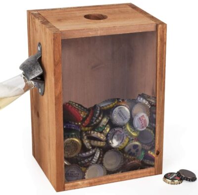BARGIFTS Bottle Opener And Cap Saver Classic Rustic Wood Standing With Beer And Soda Cap Collector，Beer Cap Holder，Collection box with beer opener display box