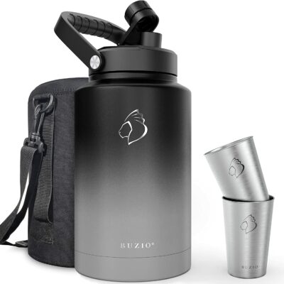 BUZIO One Gallon Vacuum Insulated Jug, Insulated Beer Growler, 18/8 Food-grade Stainless Steel 128oz 84oz Water Bottle Comes with Two Stainless Steel Cups Thermo Canteen Mug,Black
