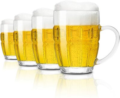CREATIVELAND Honeycomb Glass Beer Mugs - Set of 4 Freezer Beer Glasses with Handle - Geometric Beer Stein 