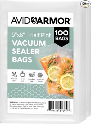 Avid Armor - Small Pint Size Vacuum Sealer Bags, Vac Seal Bags for Food Storage, Meal Saver Freezer Vacuum Sealer Bags, Sous Vide Bags Vacuum Sealer, Non-BPA, 5 x 8 inches, Pack of 100