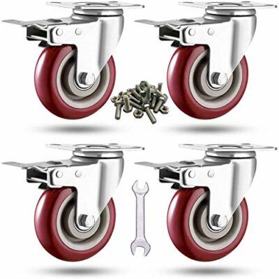ABSLIMUS 4 inch Heavy Duty Casters, Lockable Bearing Plate Caster Wheels with Brakes, 360-degree Swivel Casters for Furniture and Workbench Cart, Set of 4, Load 2400lbs (Free Screws and a Spanner)