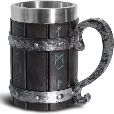 ToyKing Nordic Viking Rune Mug Tankard Stainless Steel Wooden Resin 3D Norse Decor Coffee Cool Gothic Beer Tankard Stein Cup Mugs 18oz