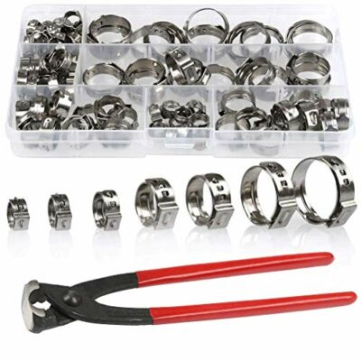 QLOUNI 80Pcs 7-21mm 304 Stainless Steel Single Ear Stepless Hose Clamps with Clamp Crimper Tool