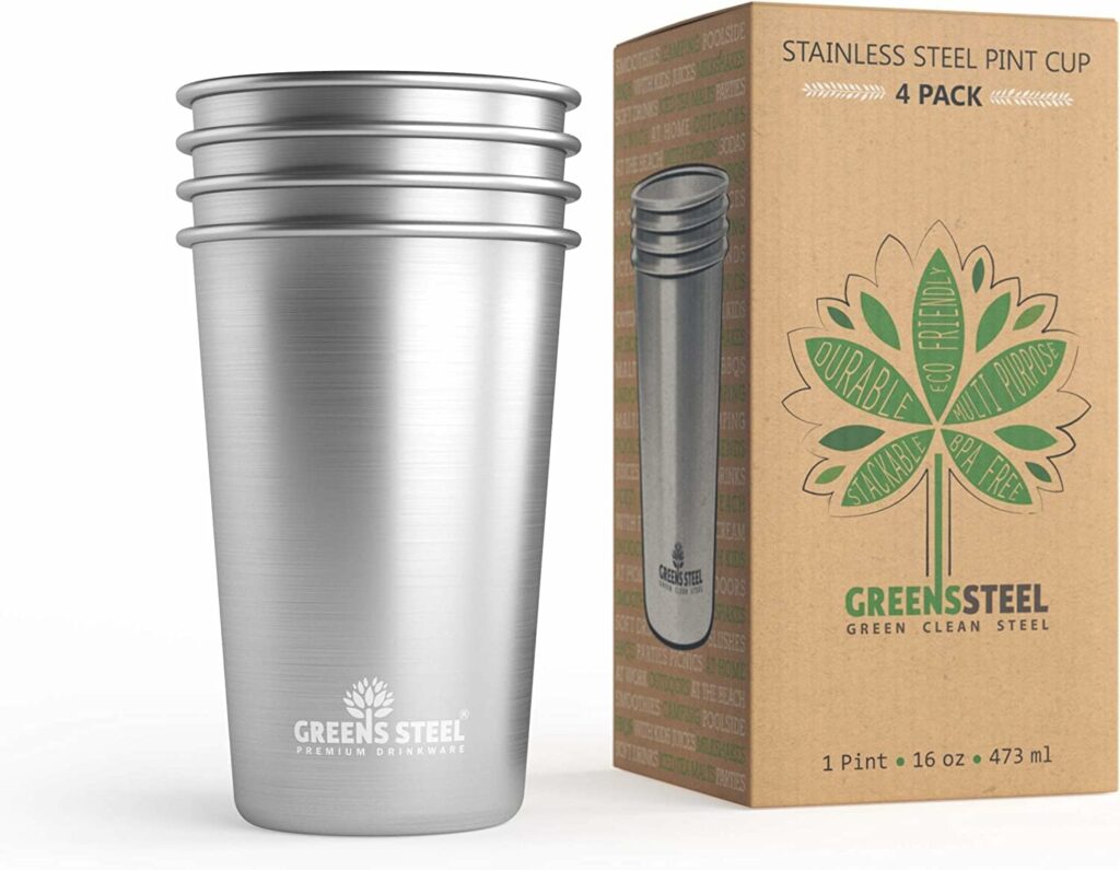 #1 Premium Stainless Steel Cups 16 oz/ 475ml Pint Cup Tumbler (4 Pack) by Greens Steel - Premium Metal Cups - Stackable Durable Cup