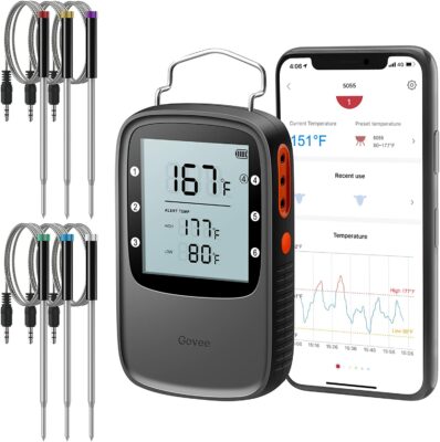 Govee Bluetooth Meat Thermometer, Wireless Meat Thermometer for Smoker Oven, Digital Grill Thermometer with 6 Probes, Timer Mode, Smart LCD Backlight BBQ Thermometer for Cooking Turkey Fish Beef