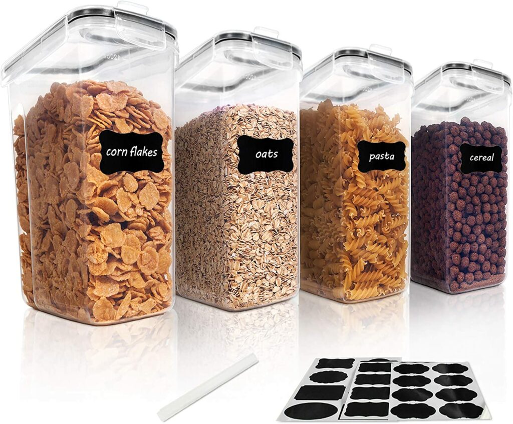 Vtopmart Cereal Storage Container Set, BPA Free Plastic Airtight Food Storage Containers 135.2 fl oz for Cereal, Snacks and Sugar, 4 Piece Set Cereal Dispensers with 24 Chalkboard Labels, Black