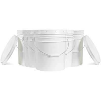 5 Gallon White Plastic Bucket & Lid - Durable 90 Mil All Purpose Pail - Food Grade - Contains No BPA Plastic - Recyclable - 6 Pack