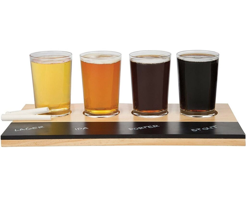 D'eco Beer Tasting Flight Sampler Set - Four 6 oz Pilsner Craft Brew Glasses with Wood Paddle and Chalkboard