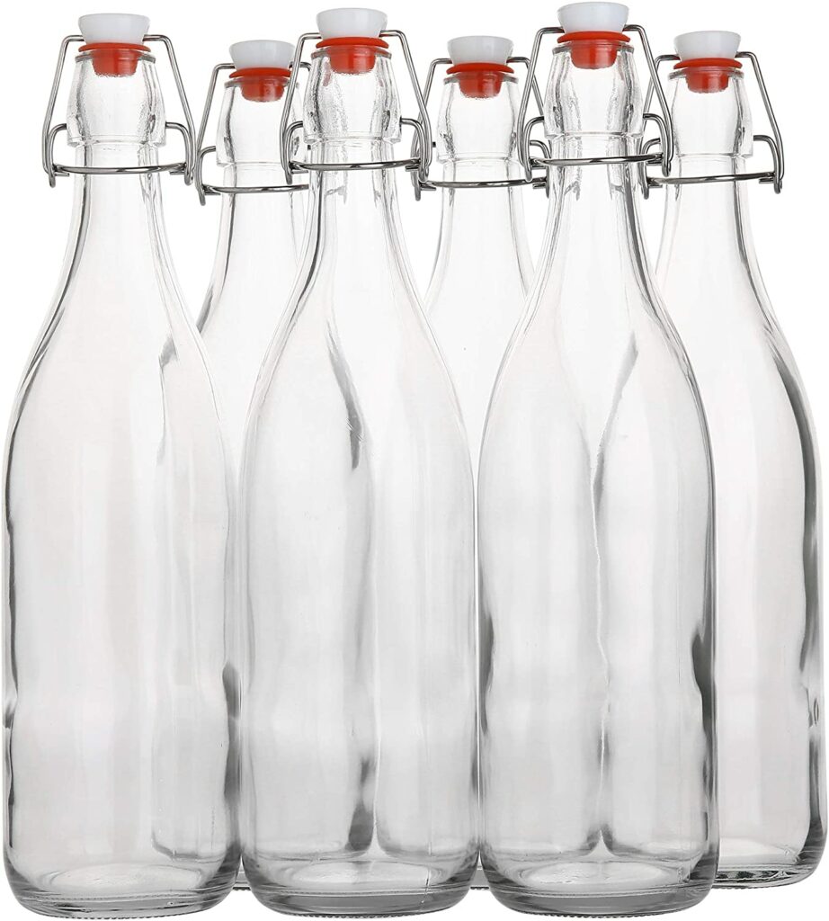 Flip Top Glass Bottle [1 Liter / 33 fl. oz.] [Pack of 6] – Swing Top Brewing Bottle with Stopper for Beverages, Oil, Vinegar, Kombucha, Beer, Water, Soda, Kefir – Airtight Lid & Leak Proof Cap – Clear