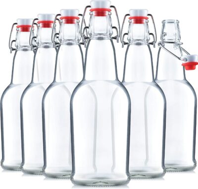Glass Swing Top Beer Bottles - 16 Ounce (6 Pack) Grolsch Bottles, with Flip-top Airtight Lid, for Carbonated Drinks, Kombucha, 2nd Fermentation, Water Kefir, Clear Brewing Bottle.